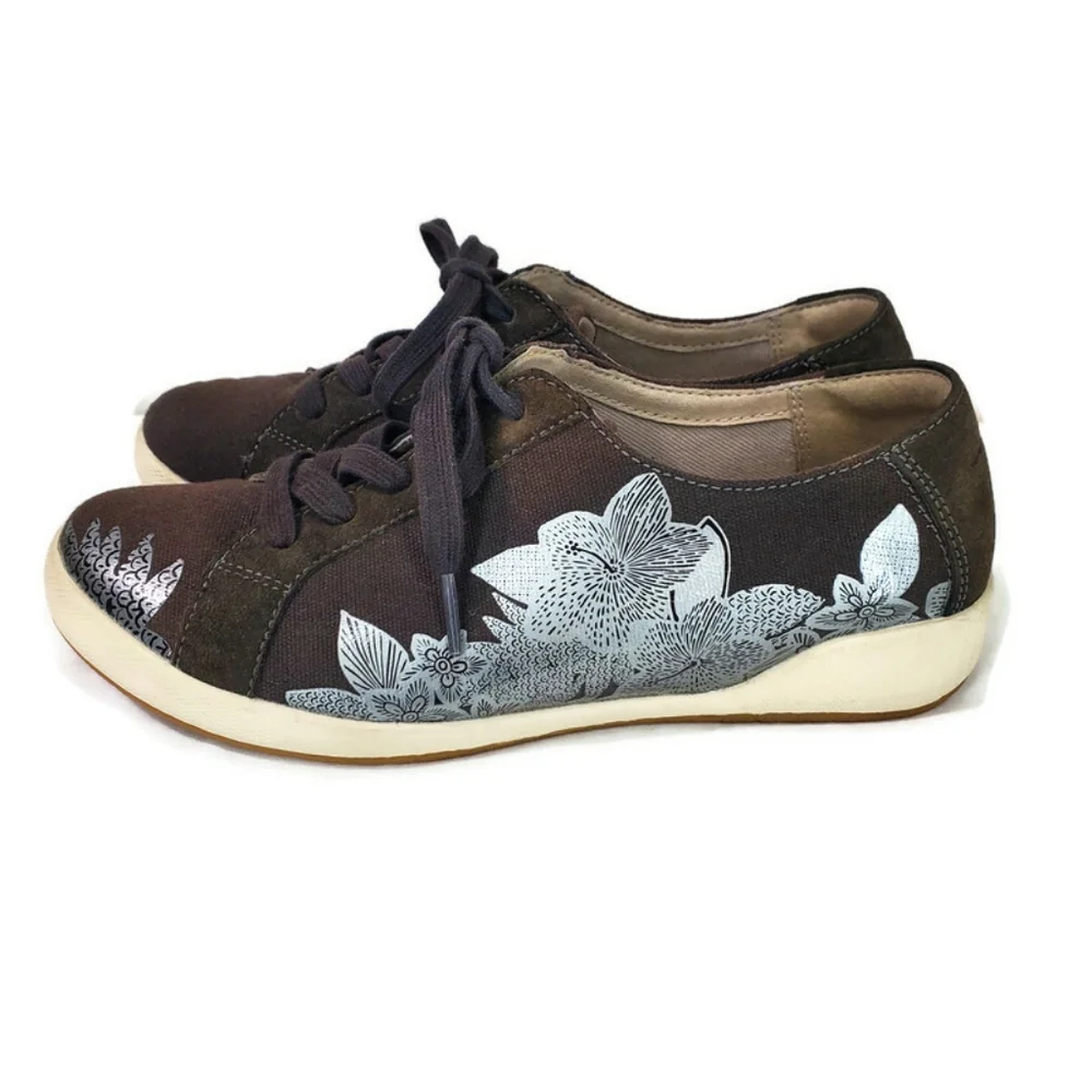 Dansko Olisa Brown Canvas and Suede Silver Metallic Floral Print Sneakers EU 38